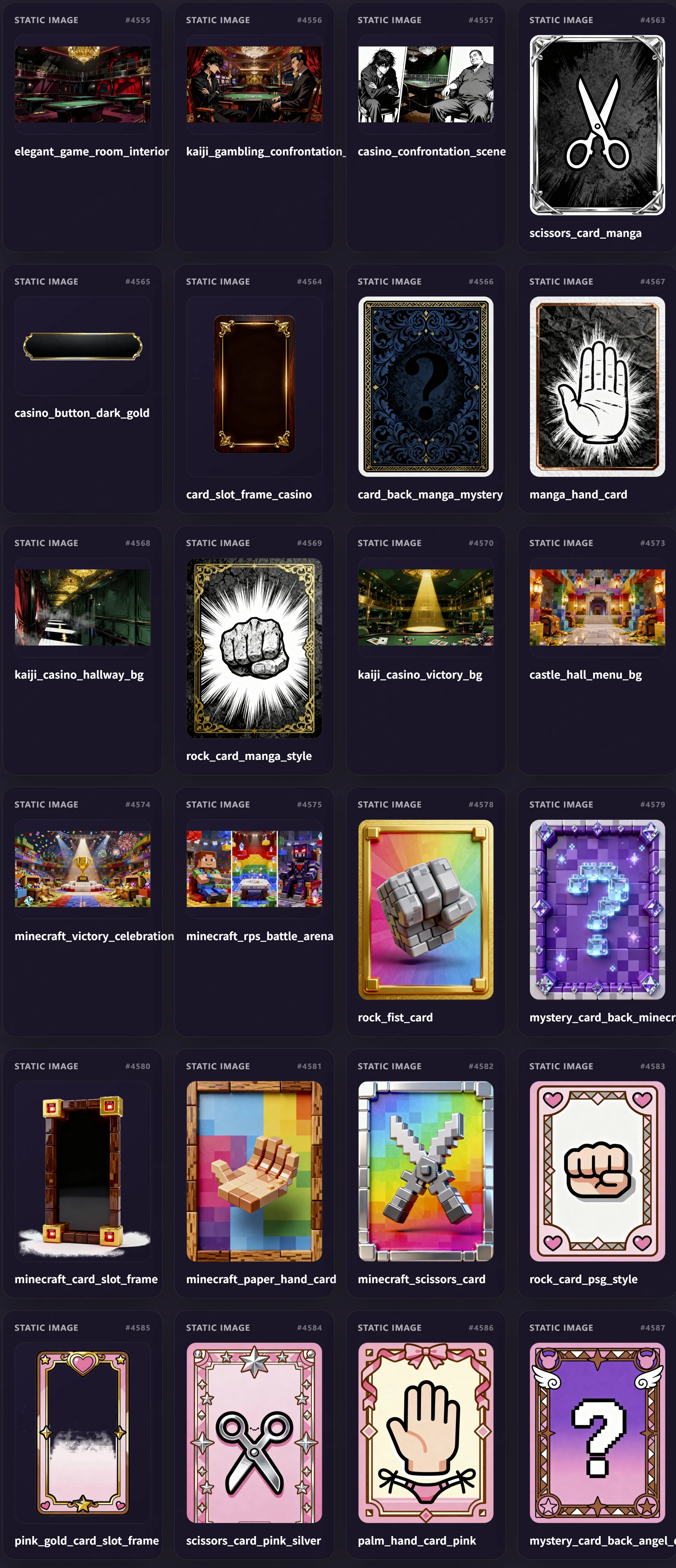 Stylized game assets including backgrounds, cards, and card slots